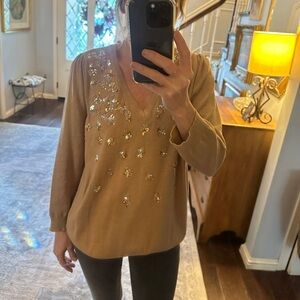 Vintage Embellished Tan Women's v neck sweater